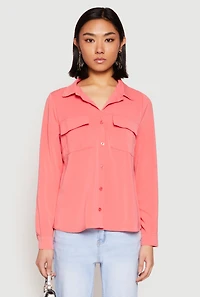 Womens Iris Airy Button Front Cargo Pocket Blouse, Pink, Size S