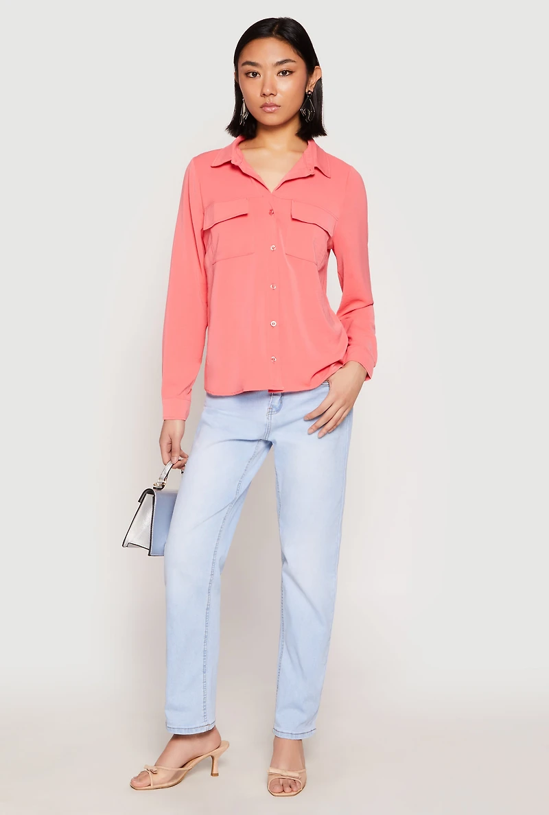 Womens Iris Airy Button Front Cargo Pocket Blouse, Pink, Size S