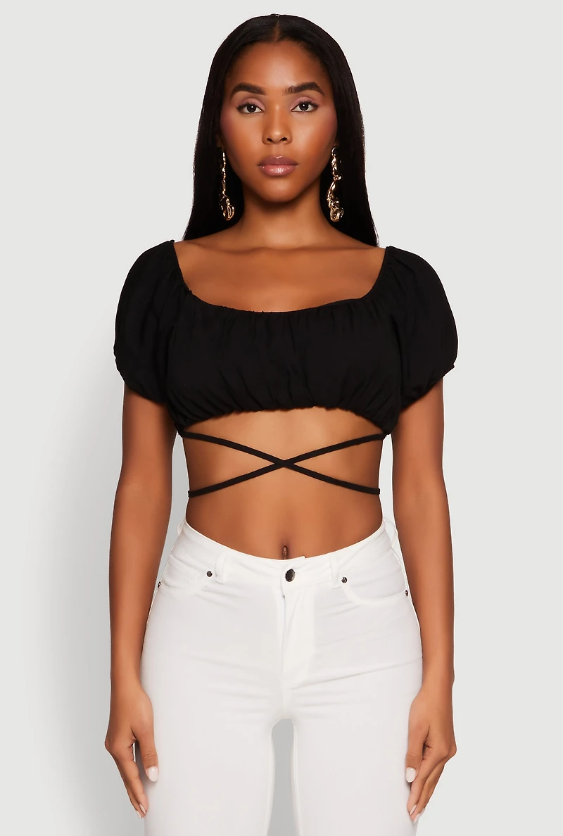Womens Ruched Tie Back Bubble Sleeve Crop Top, Black, Size S