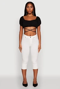 Womens Ruched Tie Back Bubble Sleeve Crop Top, Black, Size M