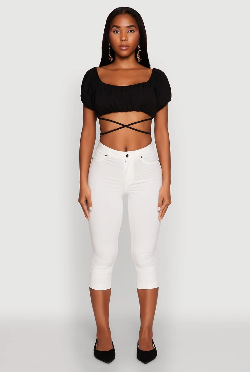 Womens Ruched Tie Back Bubble Sleeve Crop Top, Black, Size S
