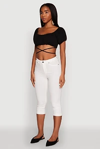 Womens Ruched Tie Back Bubble Sleeve Crop Top, Black, Size M