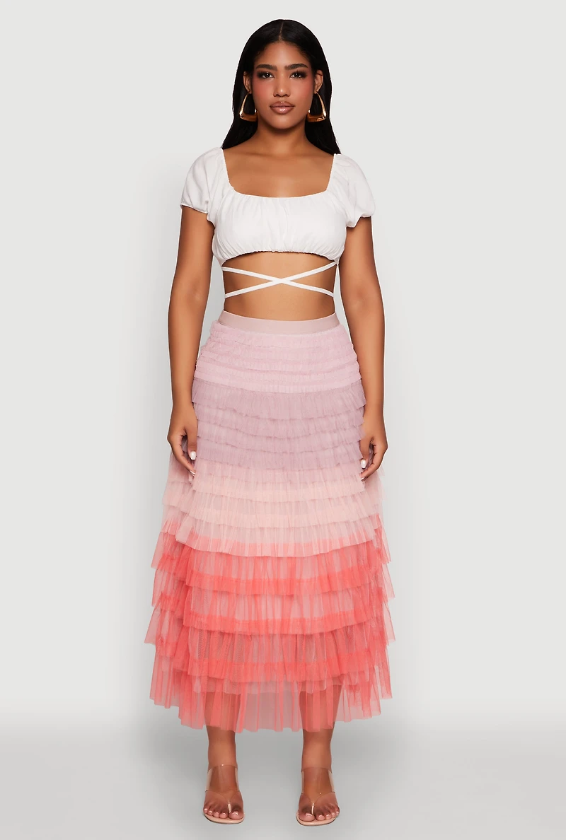 Womens Ruched Tie Back Bubble Sleeve Crop Top, White,