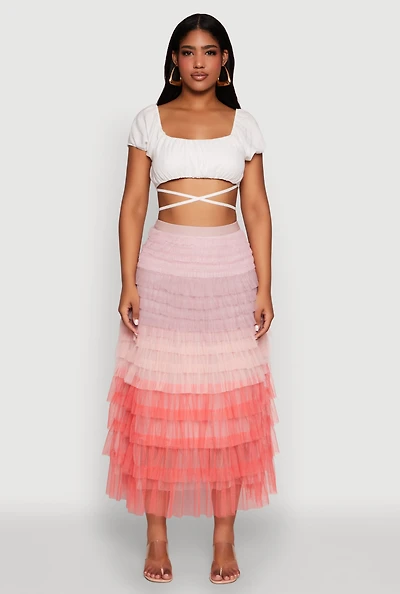 Womens Ruched Tie Back Bubble Sleeve Crop Top, White,