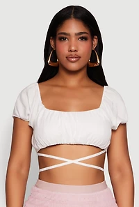 Womens Ruched Tie Back Bubble Sleeve Crop Top, White,