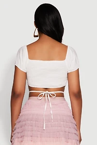 Womens Ruched Tie Back Bubble Sleeve Crop Top, White,