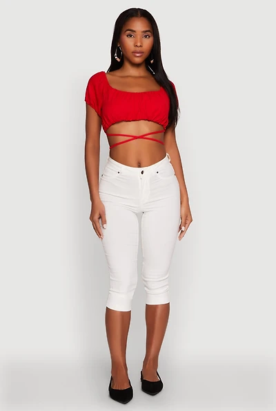 Womens Ruched Tie Back Bubble Sleeve Crop Top, Red, Size L