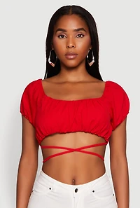 Womens Ruched Tie Back Bubble Sleeve Crop Top, Red, Size L