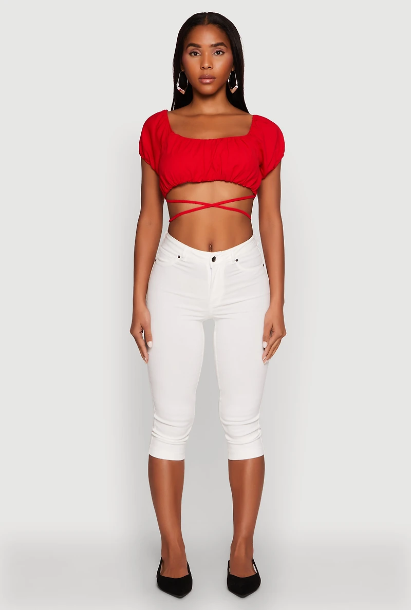 Womens Ruched Tie Back Bubble Sleeve Crop Top, Red, Size S