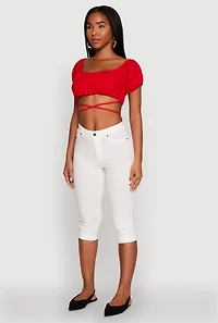 Womens Ruched Tie Back Bubble Sleeve Crop Top, Red, Size L