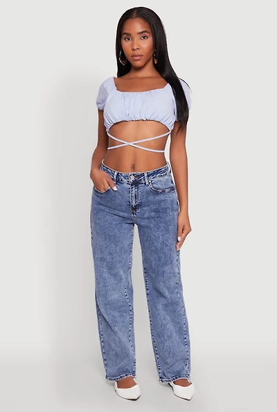 Womens Ruched Tie Back Bubble Sleeve Crop Top, Blue, Size M