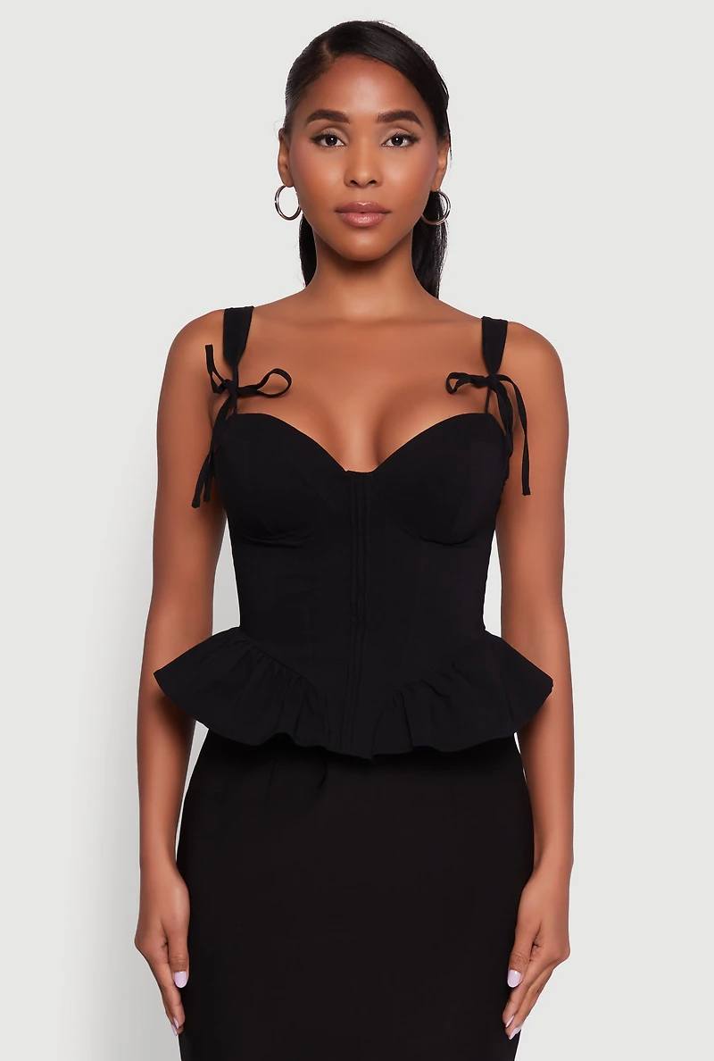 Womens Iris Peplum Bustier Top with Padded Cups and Tie Straps, Black, Size M