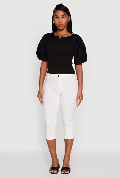 Womens Rib Knit Puff Sleeve Henley Top, Black,