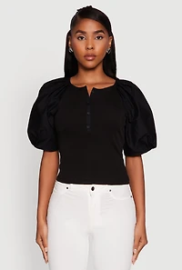Womens Rib Knit Puff Sleeve Henley Top, Black,