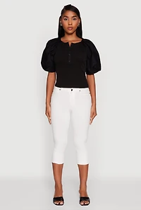 Womens Rib Knit Puff Sleeve Henley Top, Black,