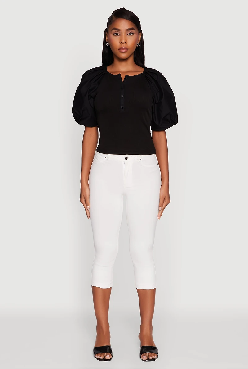 Womens Rib Knit Puff Sleeve Henley Top, Black, Size M