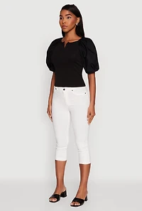 Womens Rib Knit Puff Sleeve Henley Top, Black,