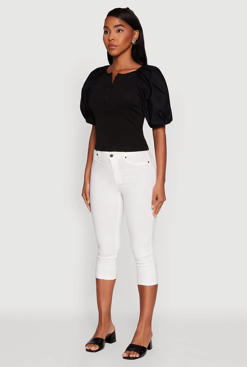 Womens Rib Knit Puff Sleeve Henley Top, Black, Size M