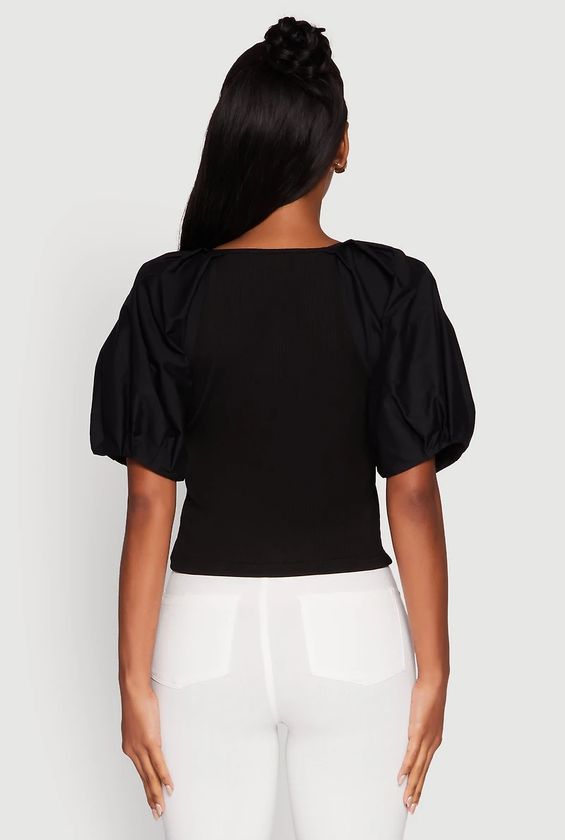 Womens Rib Knit Puff Sleeve Henley Top, Black, Size M