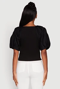 Rib Knit Puff Sleeve Henley Top