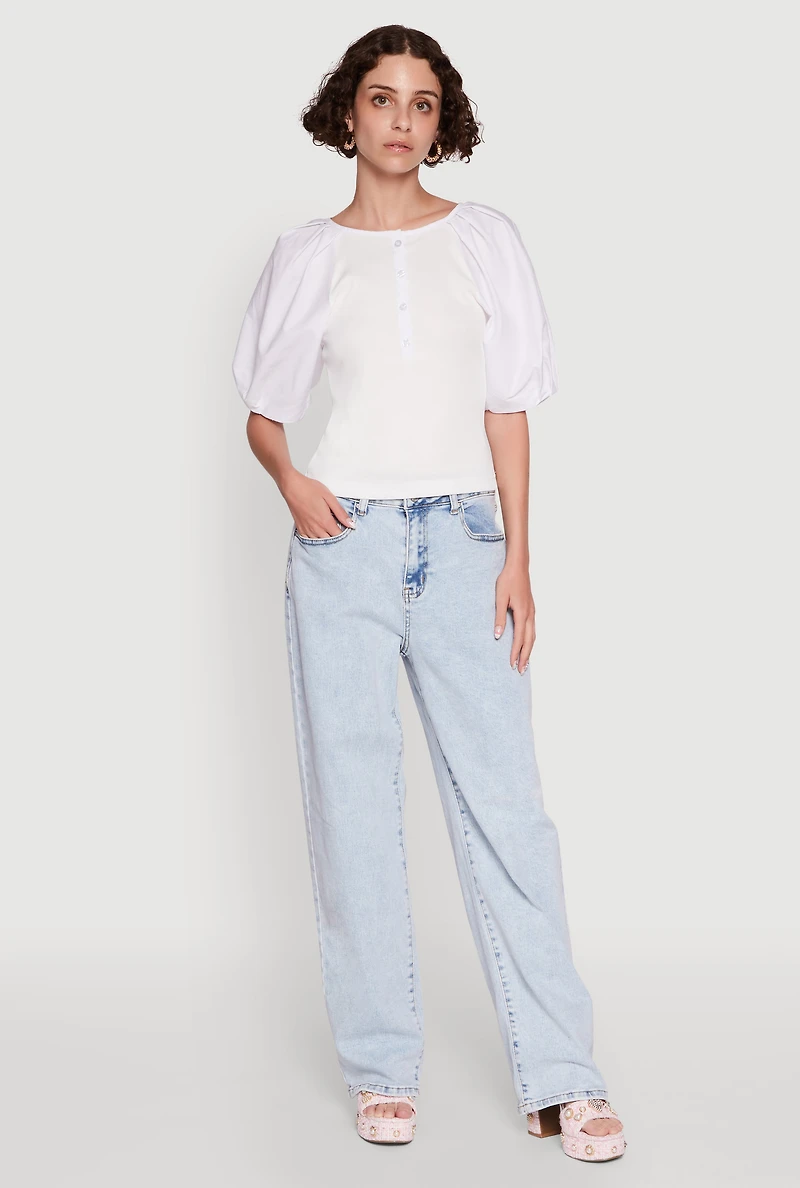 Womens Rib Knit Puff Sleeve Henley Top, White,