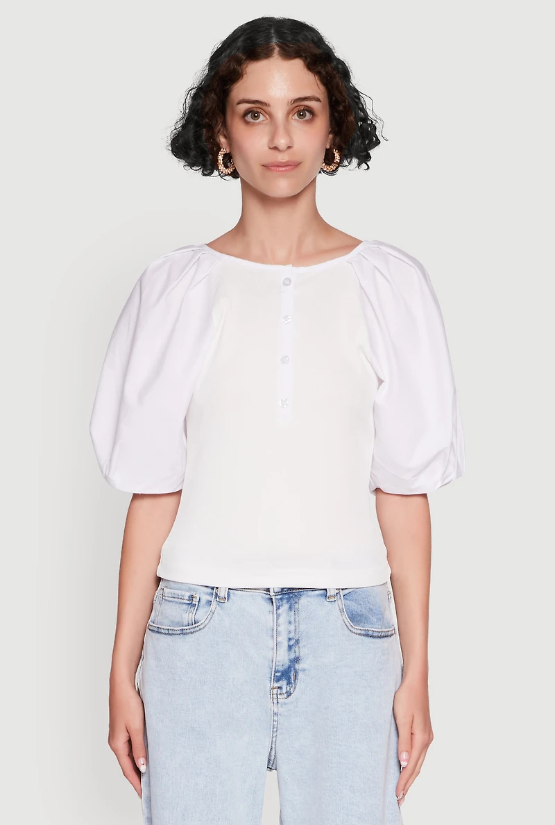 Womens Rib Knit Puff Sleeve Henley Top, White,