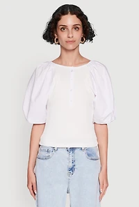 Womens Rib Knit Puff Sleeve Henley Top, White,