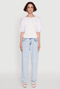 Womens Rib Knit Puff Sleeve Henley Top, White,