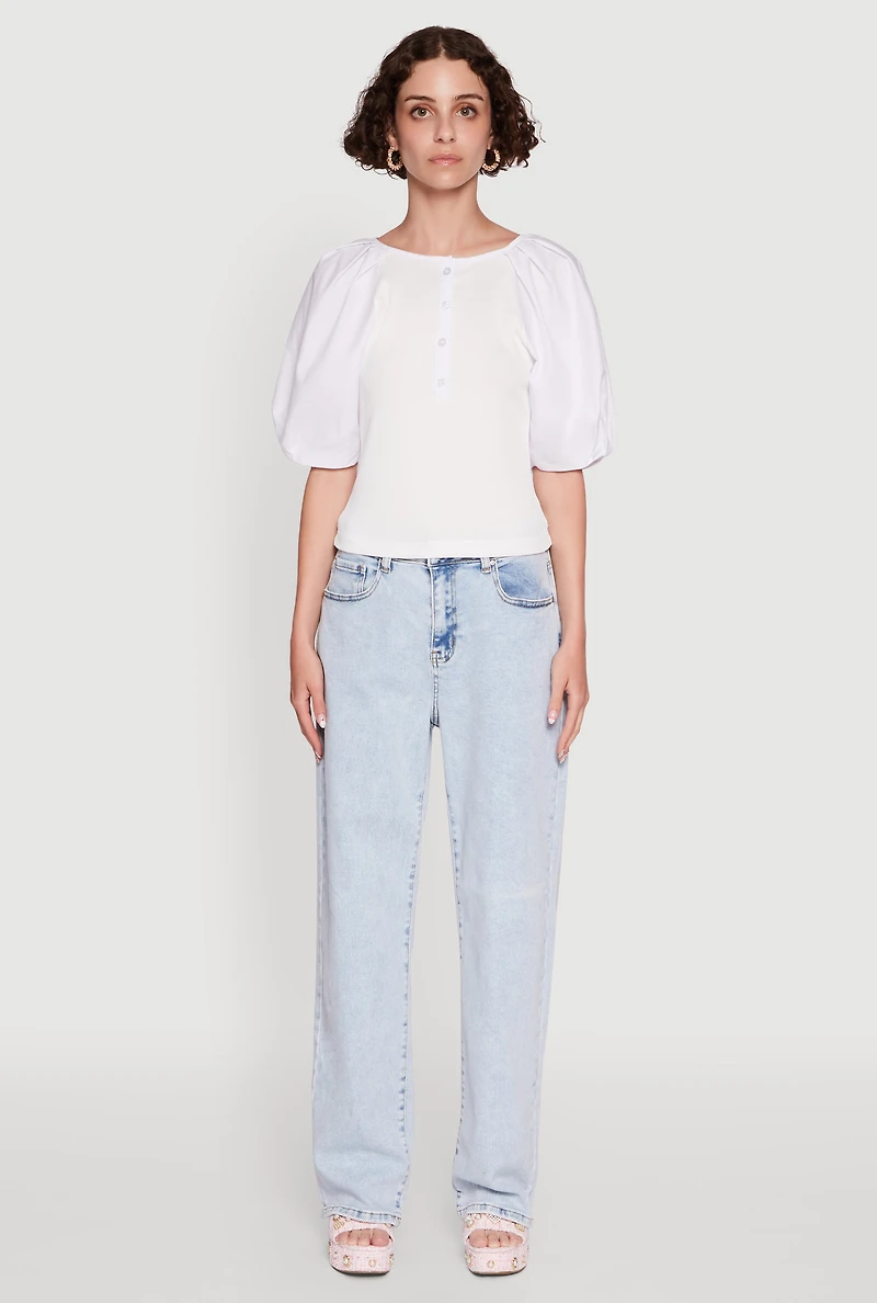 Rib Knit Puff Sleeve Henley Top