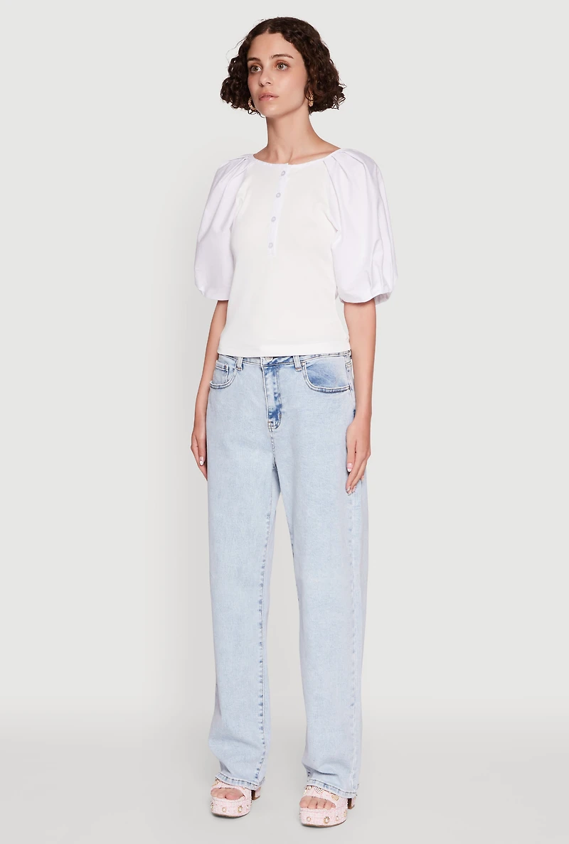 Rib Knit Puff Sleeve Henley Top