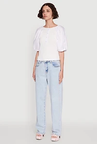 Rib Knit Puff Sleeve Henley Top