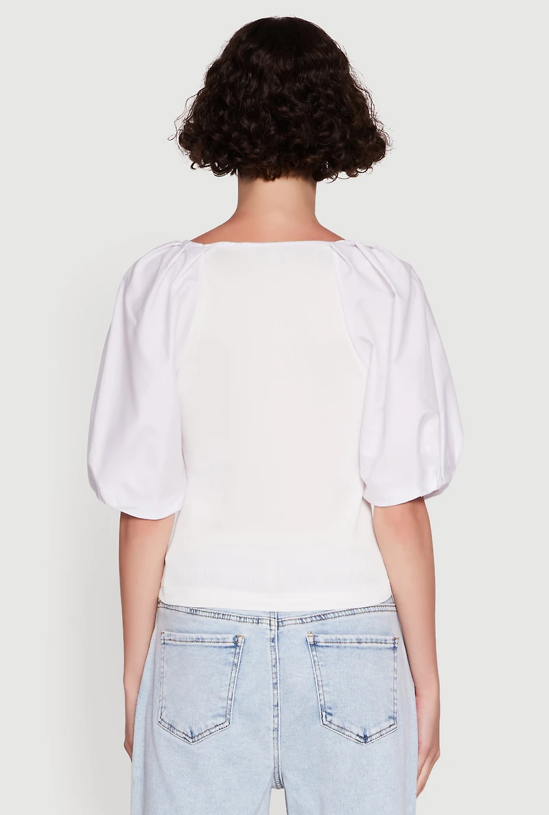 Womens Rib Knit Puff Sleeve Henley Top, White,