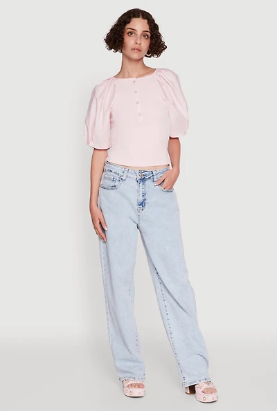 Womens Rib Knit Puff Sleeve Henley Top,