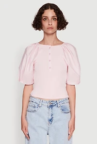 Womens Rib Knit Puff Sleeve Henley Top, Pink, Size M
