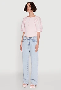 Womens Rib Knit Puff Sleeve Henley Top, Pink, Size M