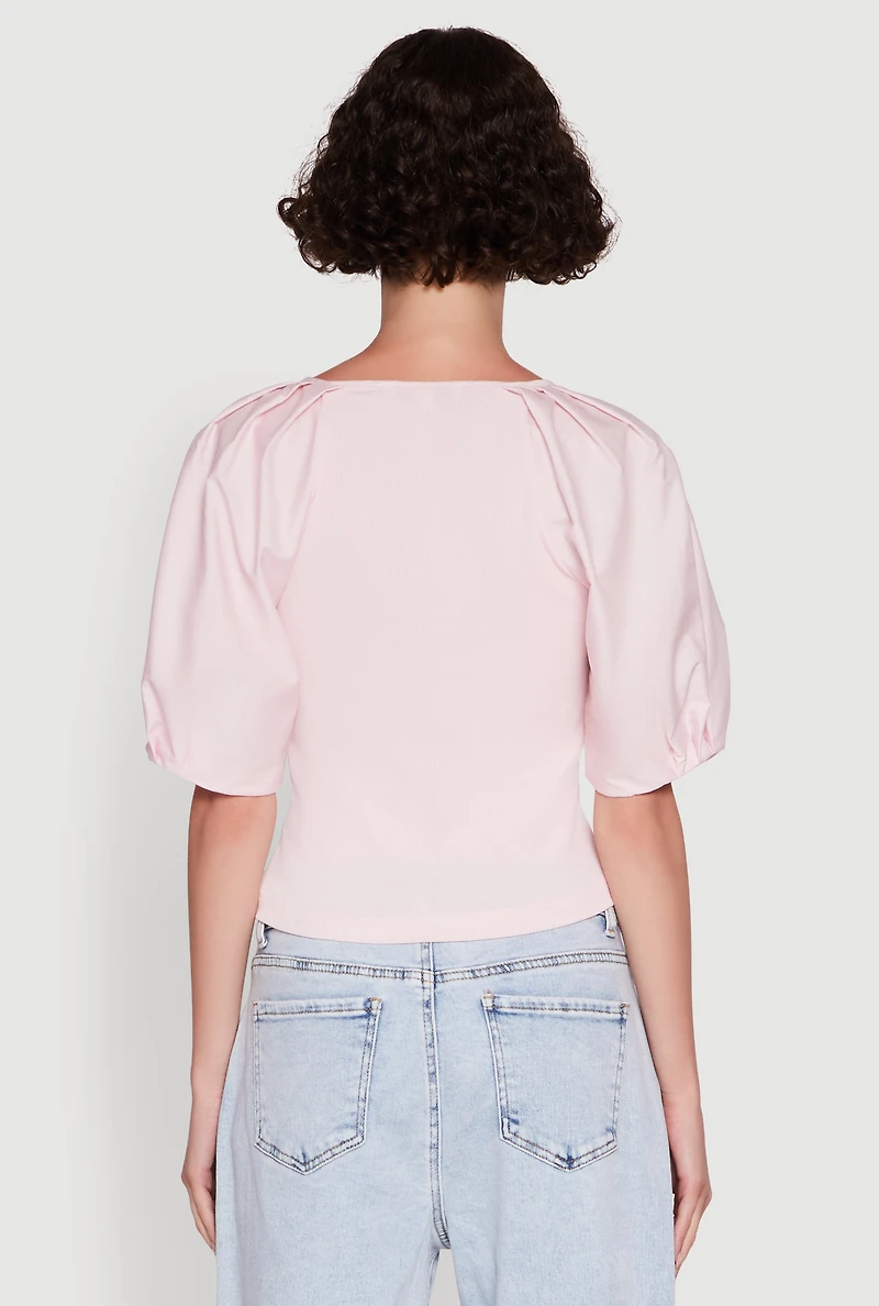 Womens Rib Knit Puff Sleeve Henley Top, Pink, Size M