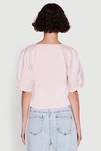 Womens Rib Knit Puff Sleeve Henley Top, Pink, Size M