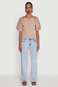 Womens Rib Knit Puff Sleeve Henley Top,