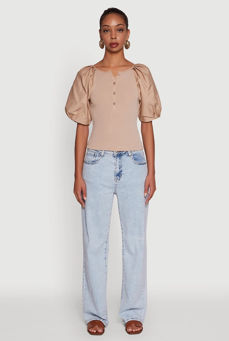 Rib Knit Puff Sleeve Henley Top