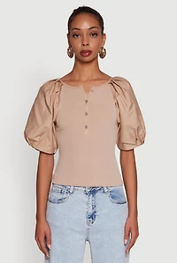 Womens Rib Knit Puff Sleeve Henley Top,