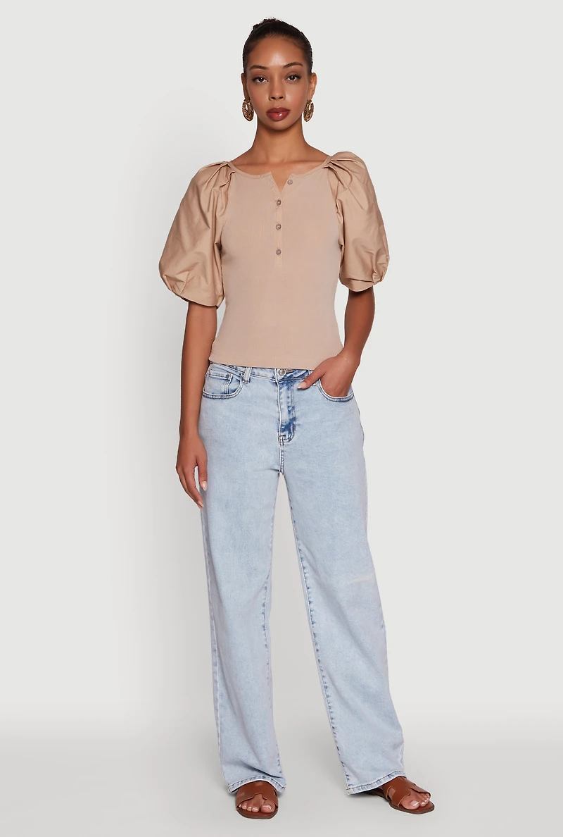 Womens Rib Knit Puff Sleeve Henley Top,