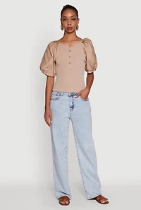 Womens Rib Knit Puff Sleeve Henley Top,
