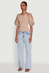 Womens Rib Knit Puff Sleeve Henley Top,