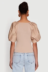 Womens Rib Knit Puff Sleeve Henley Top, Beige, Size M
