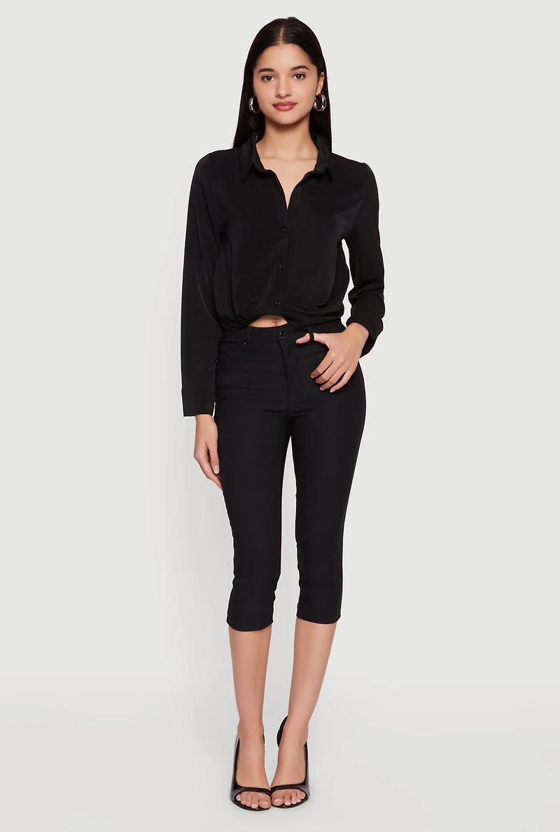 Crepe Knit Cropped Button Front Shirt