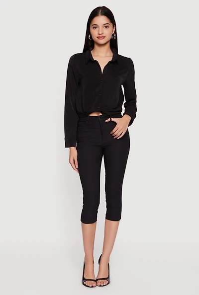 Crepe Knit Cropped Button Front Shirt