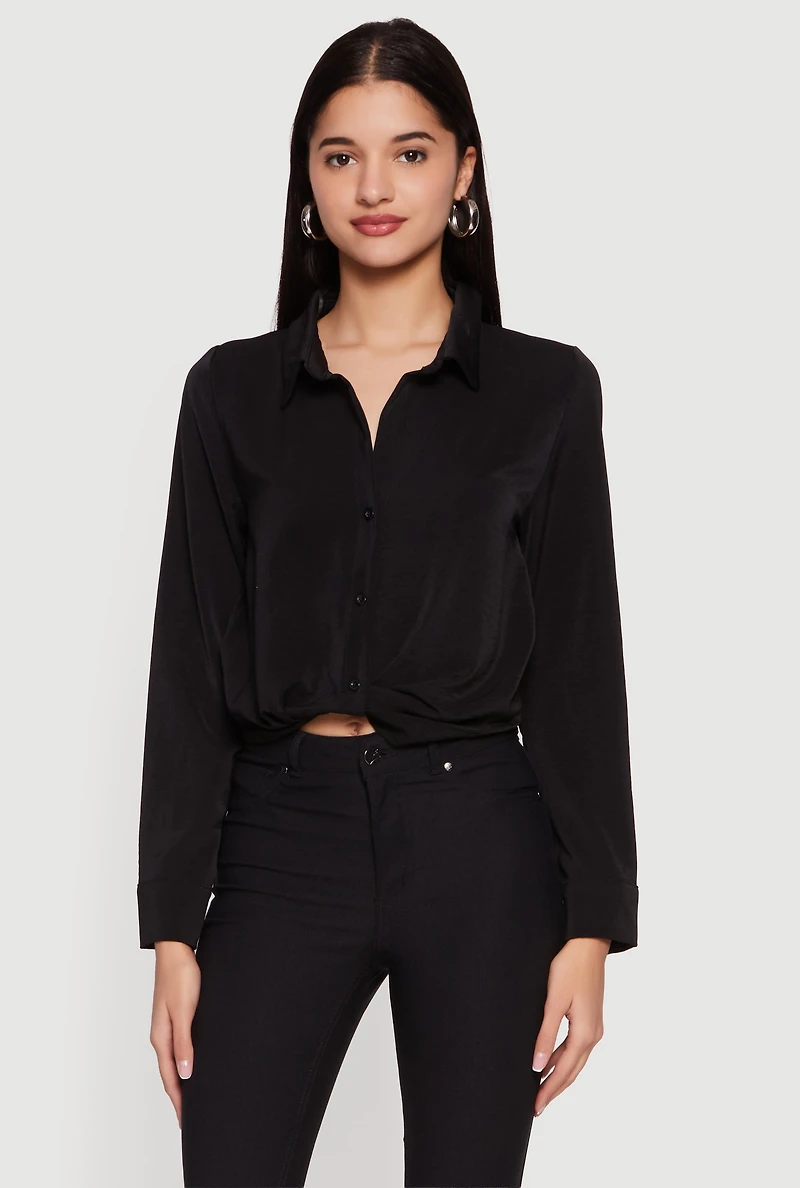 Crepe Knit Cropped Button Front Shirt