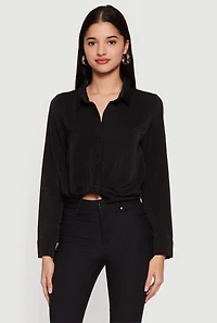 Crepe Knit Cropped Button Front Shirt