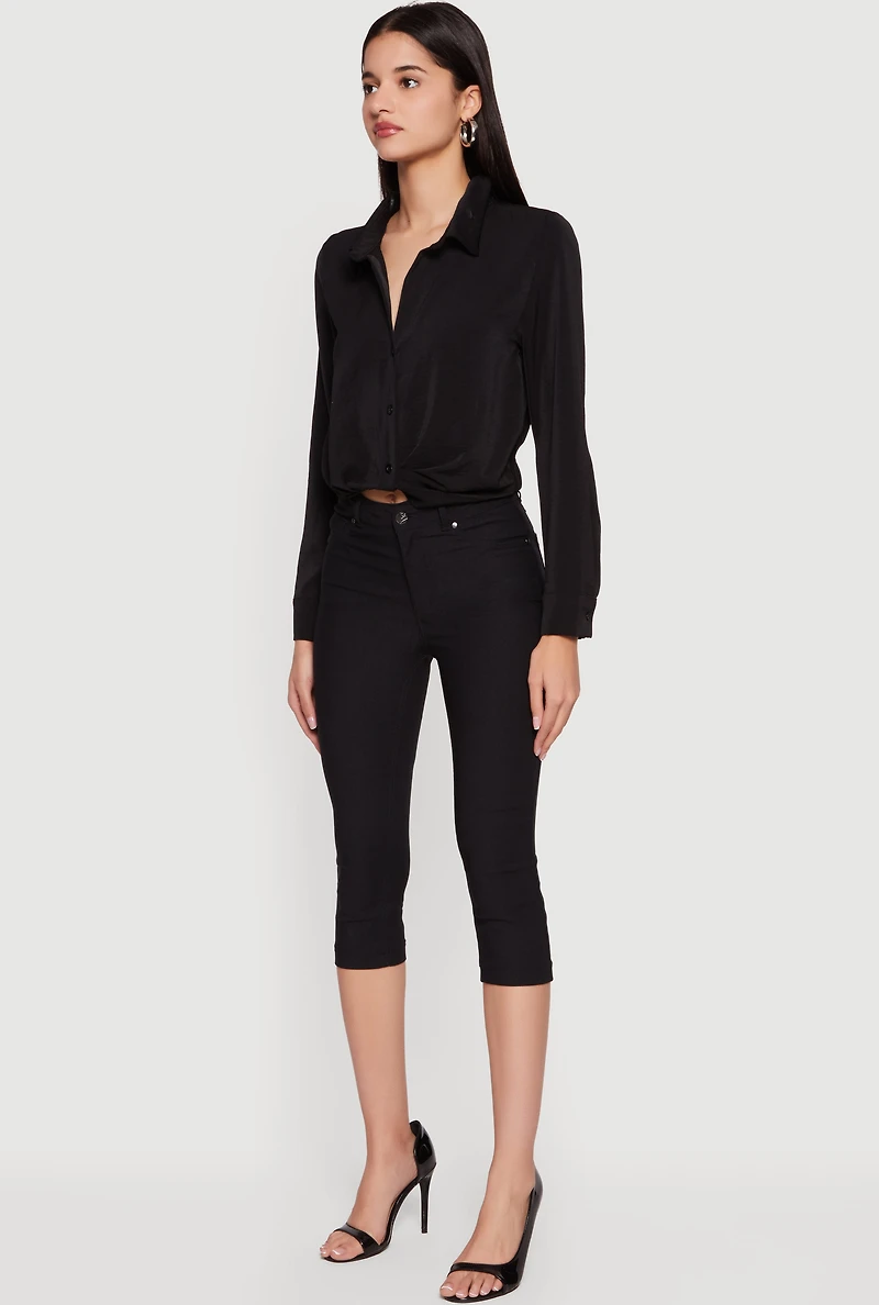 Crepe Knit Cropped Button Front Shirt