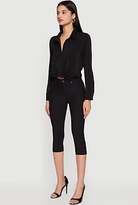 Crepe Knit Cropped Button Front Shirt